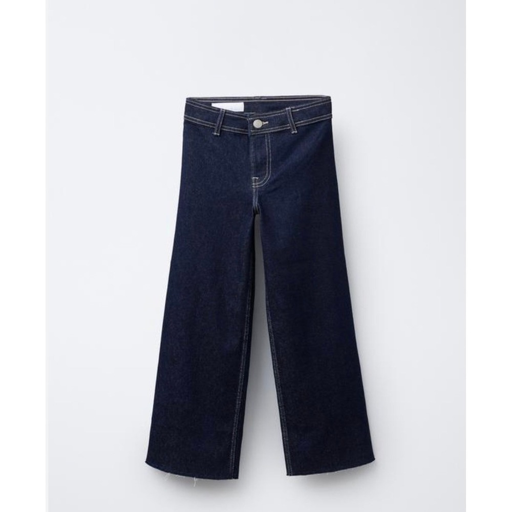 Zara Woman Dark‎ Wash Wide Leg Culotte Jeans Raw Hem Indigo Blue Size 10